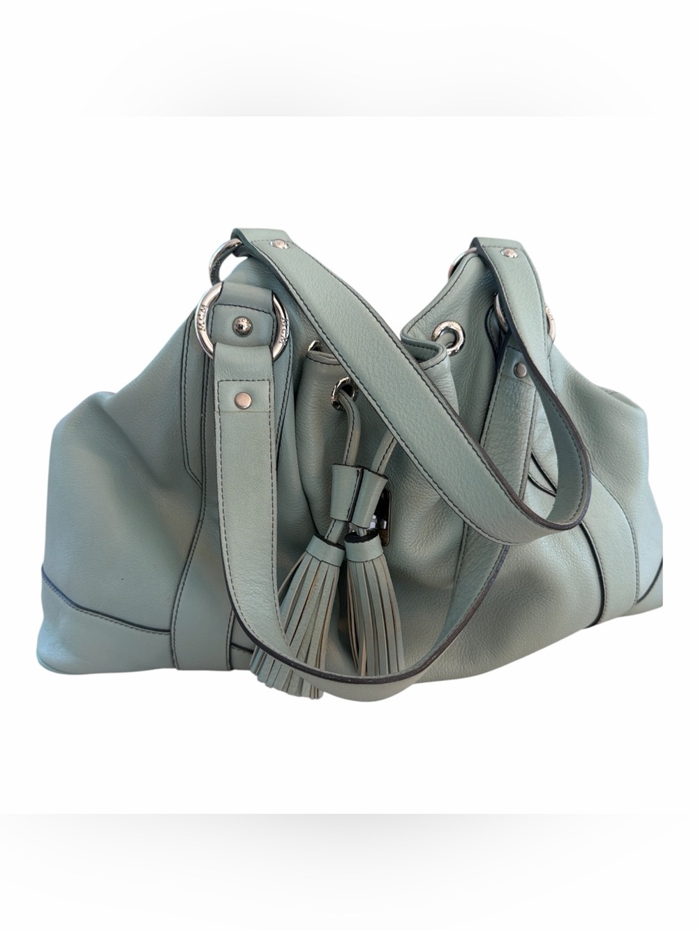 MCM Sage Green Leather Shoulder Bag with Tassels